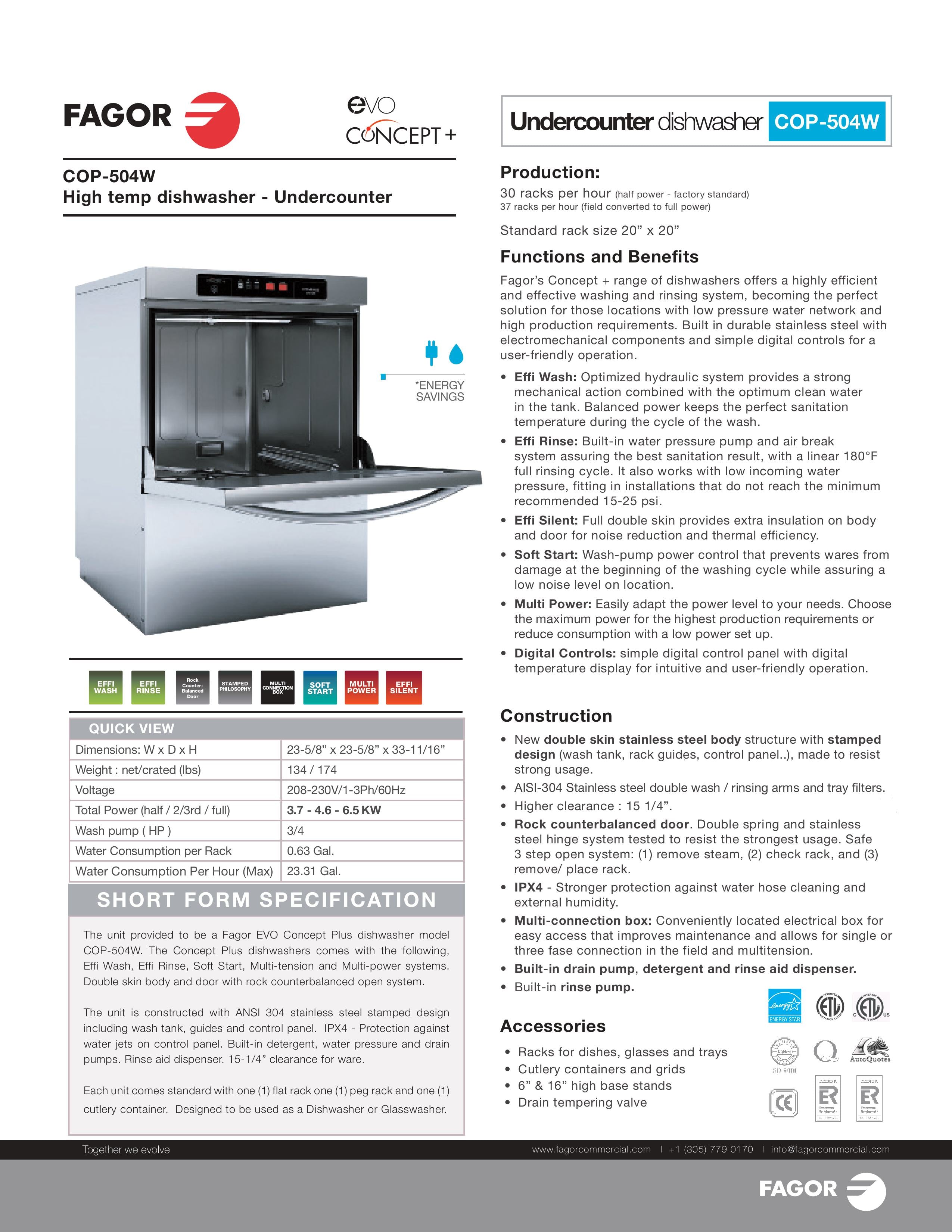 Fagor COP-504W | Undercounter, High-temperature Dishwasher Regal Refrigerators Fagor COP-504W | Undercounter, High-temperature Dishwasher Regal Refrigerators